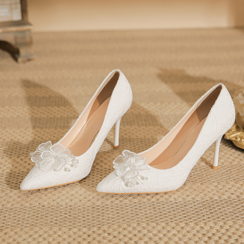 2026 New Style French High Heels for Women, Stiletto White Shallow Wedding Shoes, High-End Main Wedding Dress Shoes for Pregnant Women