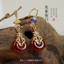 高温珐琅如意中式红玛瑙耳环纯银喜字旗袍汉服耳坠古风平安扣耳饰
