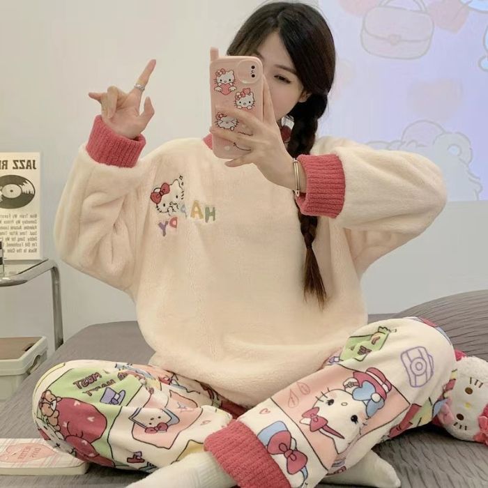 Franela al por mayor transfronteriza otoño invierno pijamas mujeres engrosadas dulces dibujos animados casuales manga larga chaqueta explosiva ropa para el hogar
