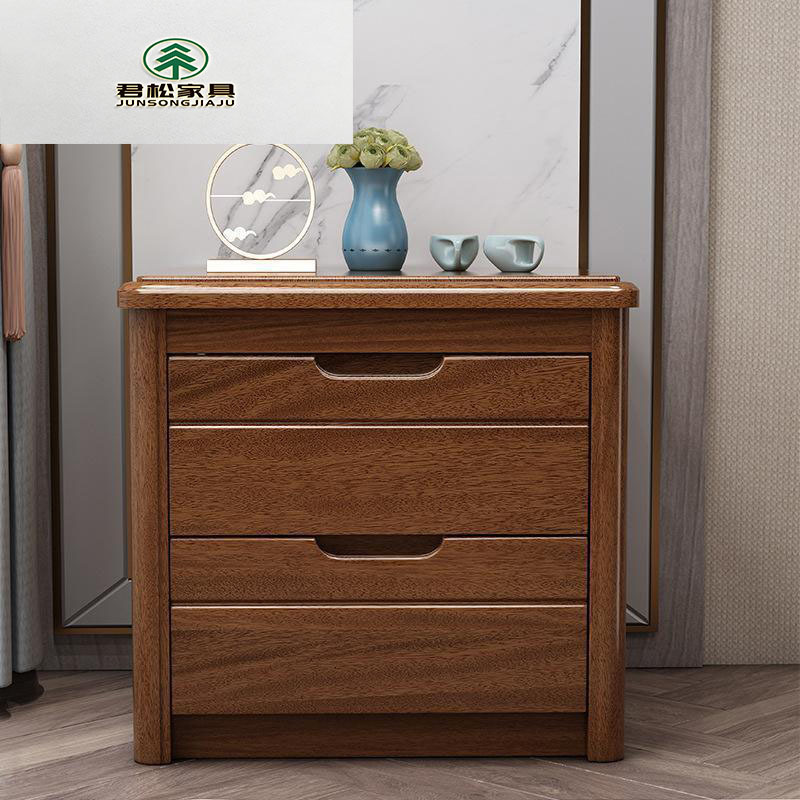 Solid Wood Bedside Table, Walnut Color Bedside Storage Cabinet, Integrated Chinese-Style Storage Bedroom Cabinet, All Solid Wood for Home Use