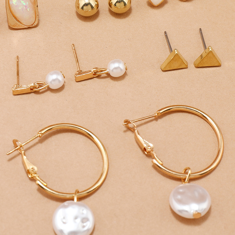 Retro Simple Pearl Geometric Earrings 9-piece Set display picture 2