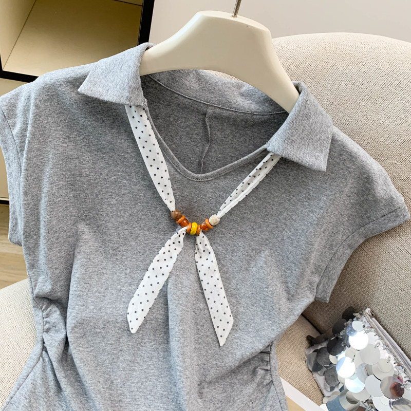 Áo thun polo nữ tay ngắn cổ bẻ kèm khăn lụa phong cách Pháp — màu trắng chi tiết 29