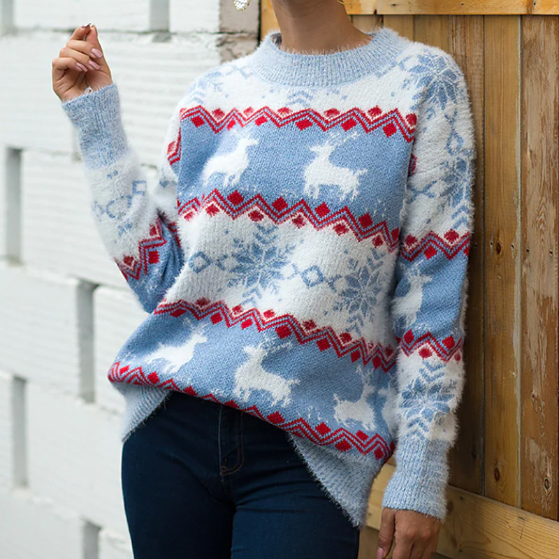 Pull de Noël douillet en maille jacquard à motif cerf, coupe ample, col rond, style décontracté, en fil doux._voghion.com