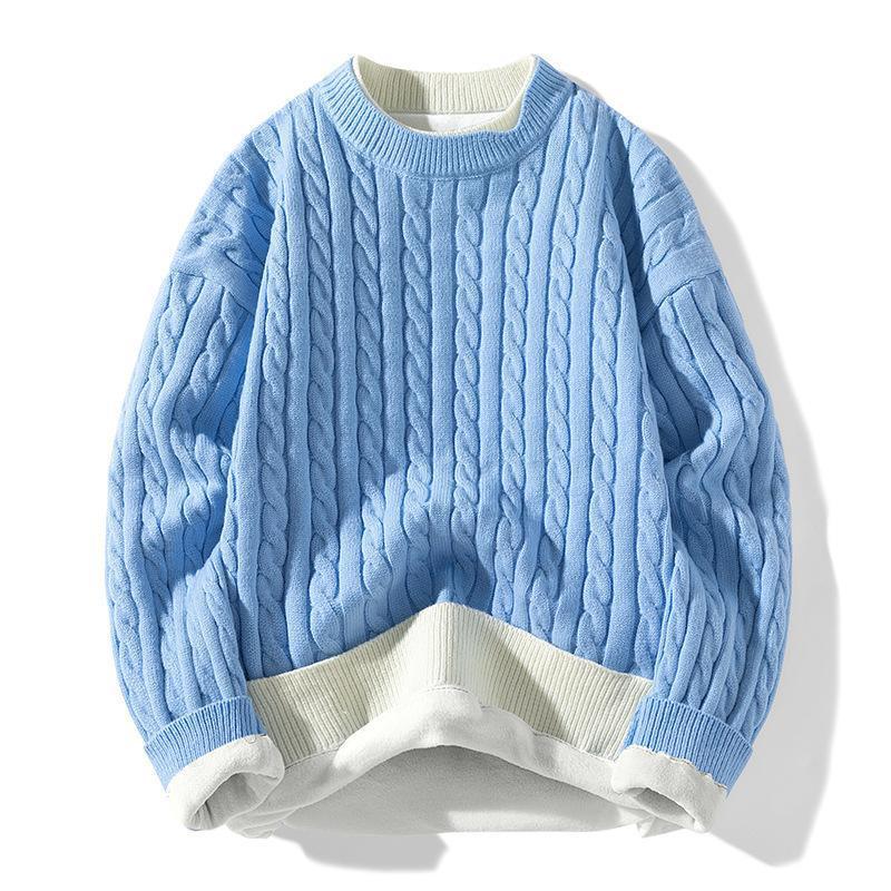 Al por mayor transfronterizo falso suéter de dos piezas para hombres más vello grueso calentamiento flor de lino grueso manga larga camiseta de punto ocio ancho