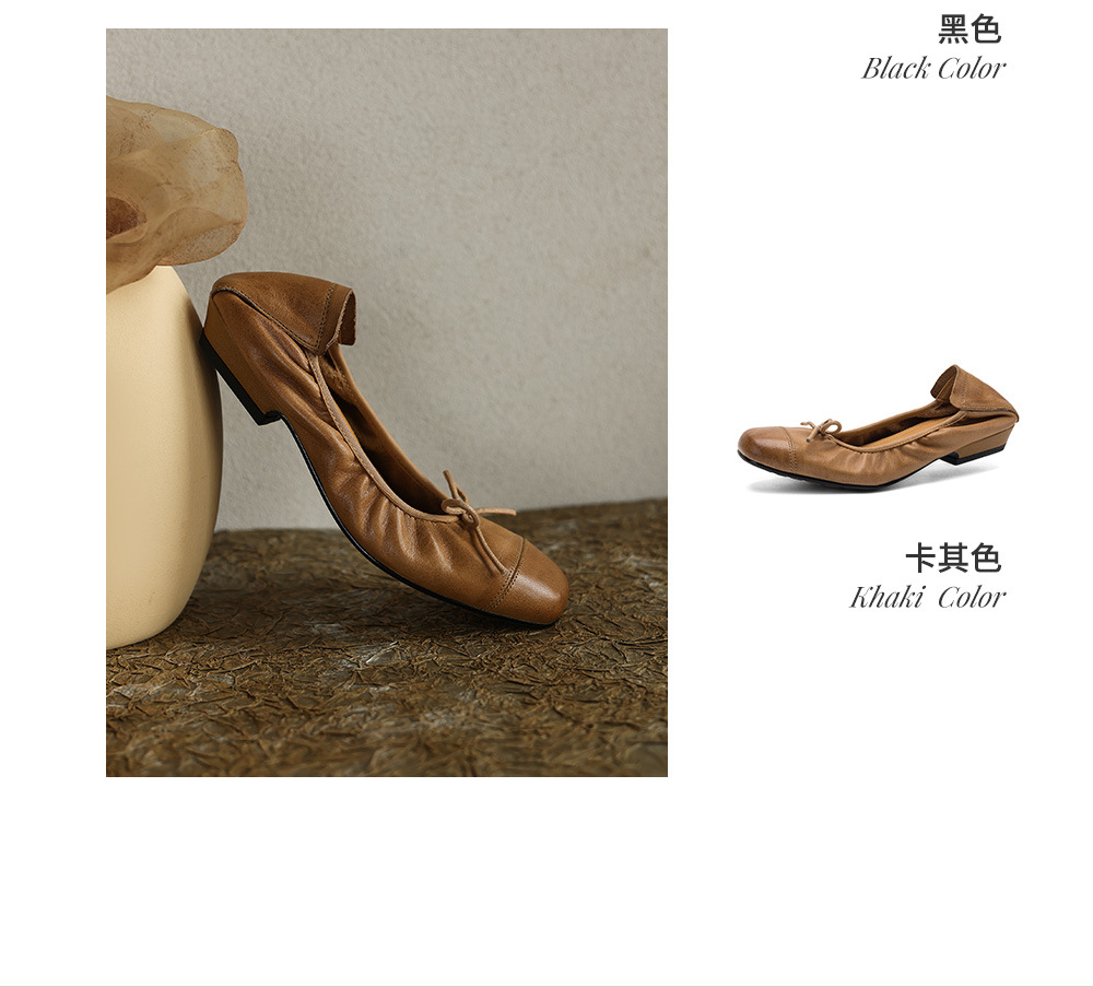 Giày ballet nữ mũi tròn da bò mềm, kiểu trứng cuộn, cổ nông — đen chi tiết 6