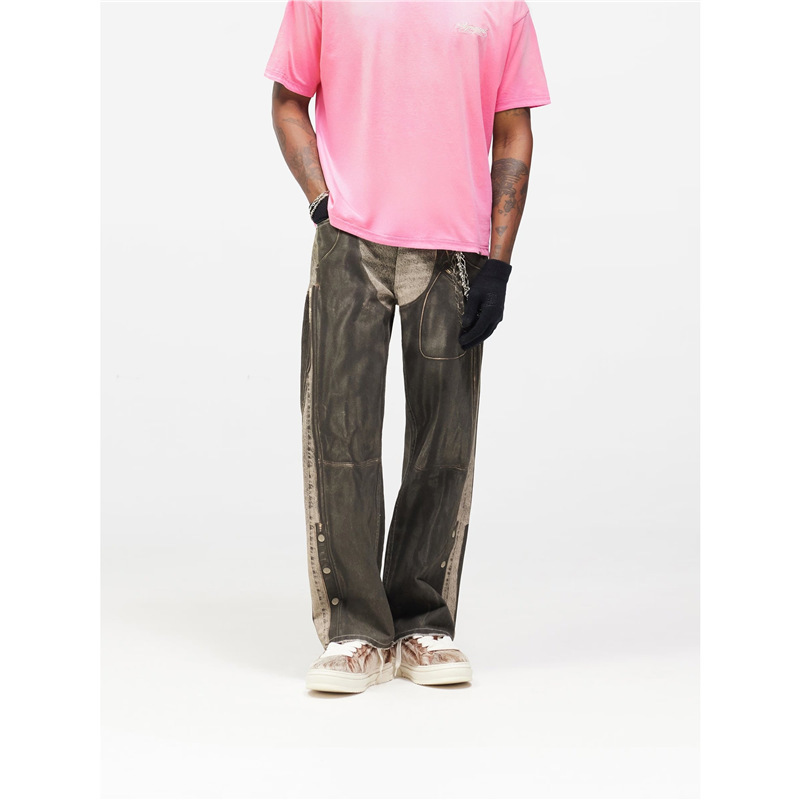 Represent American-style patchwork western biker washed distressed coated workwear deconstructed jeans for men and women