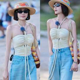 2024明星同款抽绳调节设计连体三角裤紧身露背性感度假风少女泳衣