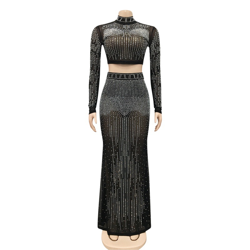 X5379 transfronterizo nuevo Ebay moda europea y americana sexy club nocturno de las mujeres de malla transparente de manga larga vestido de dos piezas conjunto