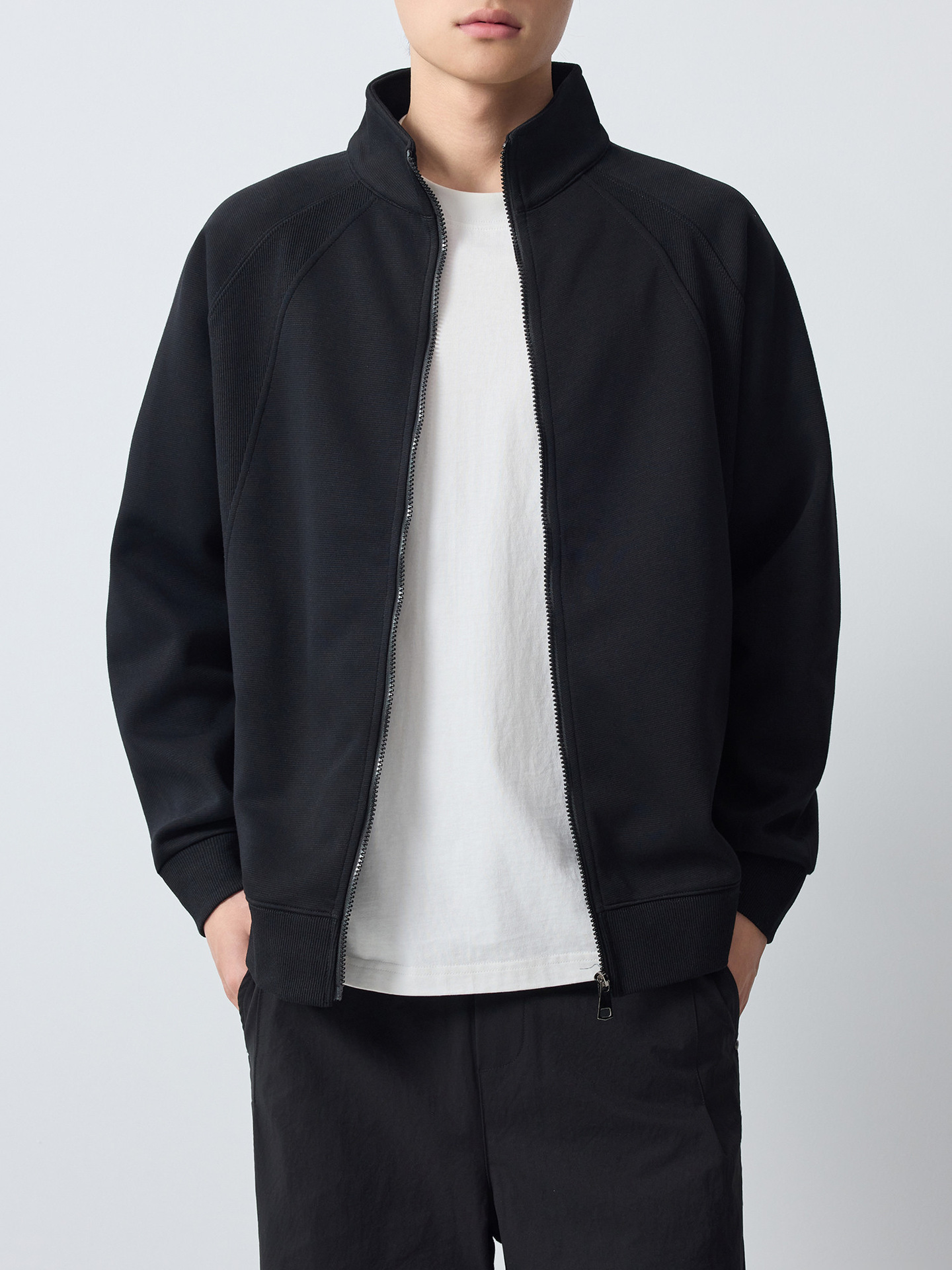 Áo hoodie nam nỉ cổ đứng khóa kéo phong cách thể thao thành phố — đen