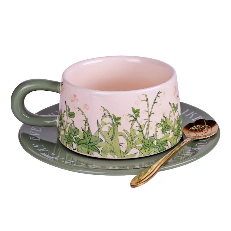 Taza y platillo de cerámica americana retro pintura al óleo de estilo antiguo verde lirio de los valles taza de café platillo Taza de té de la tarde estilo Hepburn