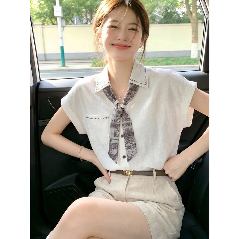 Artistic Silk Scarf Tie Design Shirt for Women, New Summer Style, Thin and High-End Drawstring White Shirt A12692 Artistic Silk Scarf Tie Design Shirt for Women, New Summer Style, Thin and High-End Drawstring White Shirt A12692