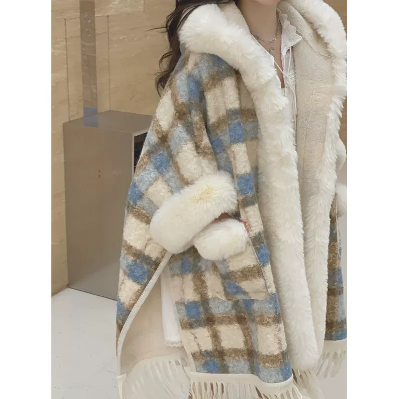 Осенне-зимнее пальто-шаль в клетку в стиле ретро, ​​осенне-зимний новый дизайн, модный бархатный утолщенный шерстяной кардиган для женщин