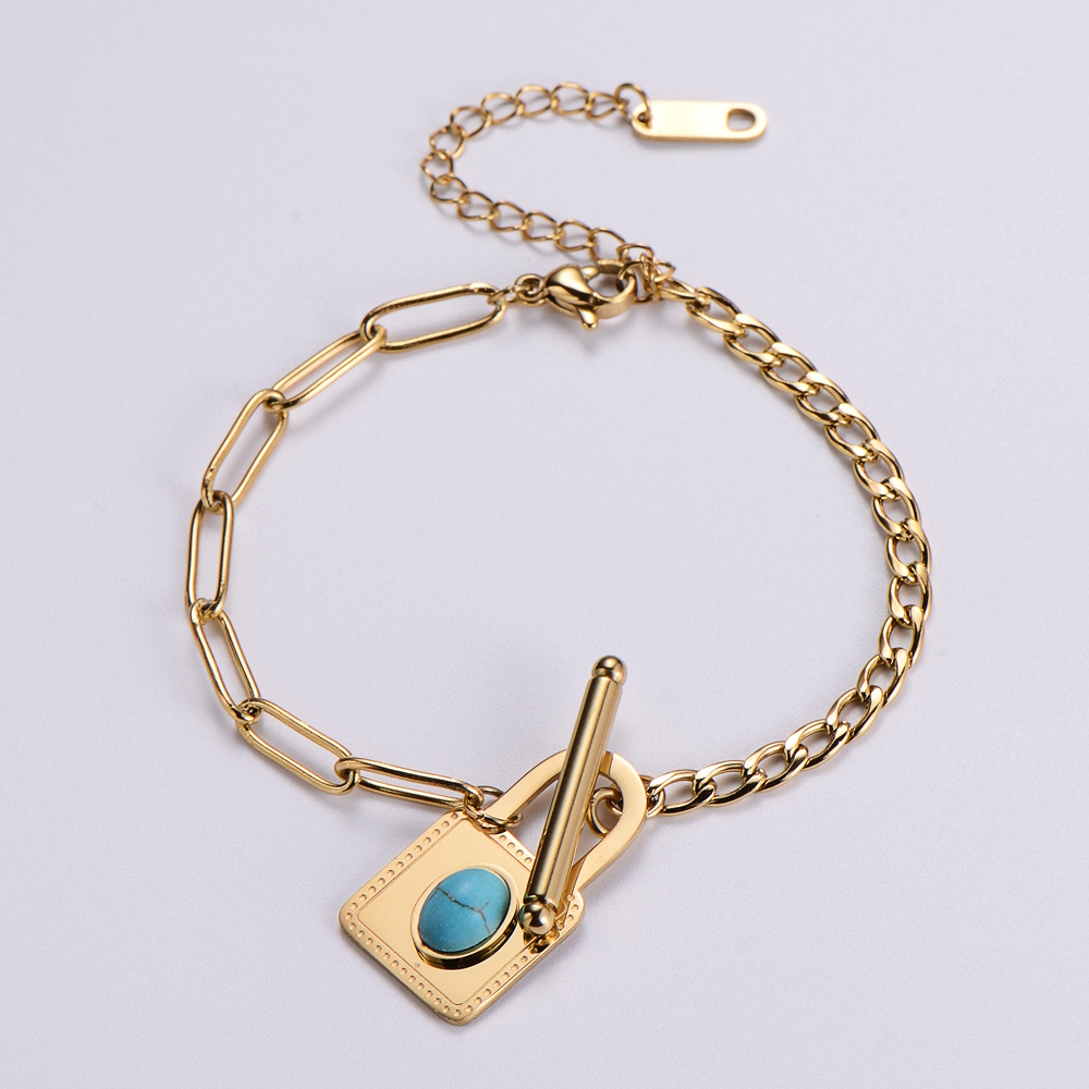 Stainless Steel Jewelry Wholesale New Light Luxury Creative Inlaid Turquoise Lock Bracelet display picture 2