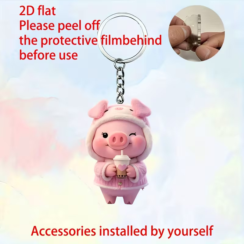 Cross-Border New 2D Flat Printing Cute Pink Piggy Keychain Easy to Hang Acrylic Key Ring Suitable for Backpack