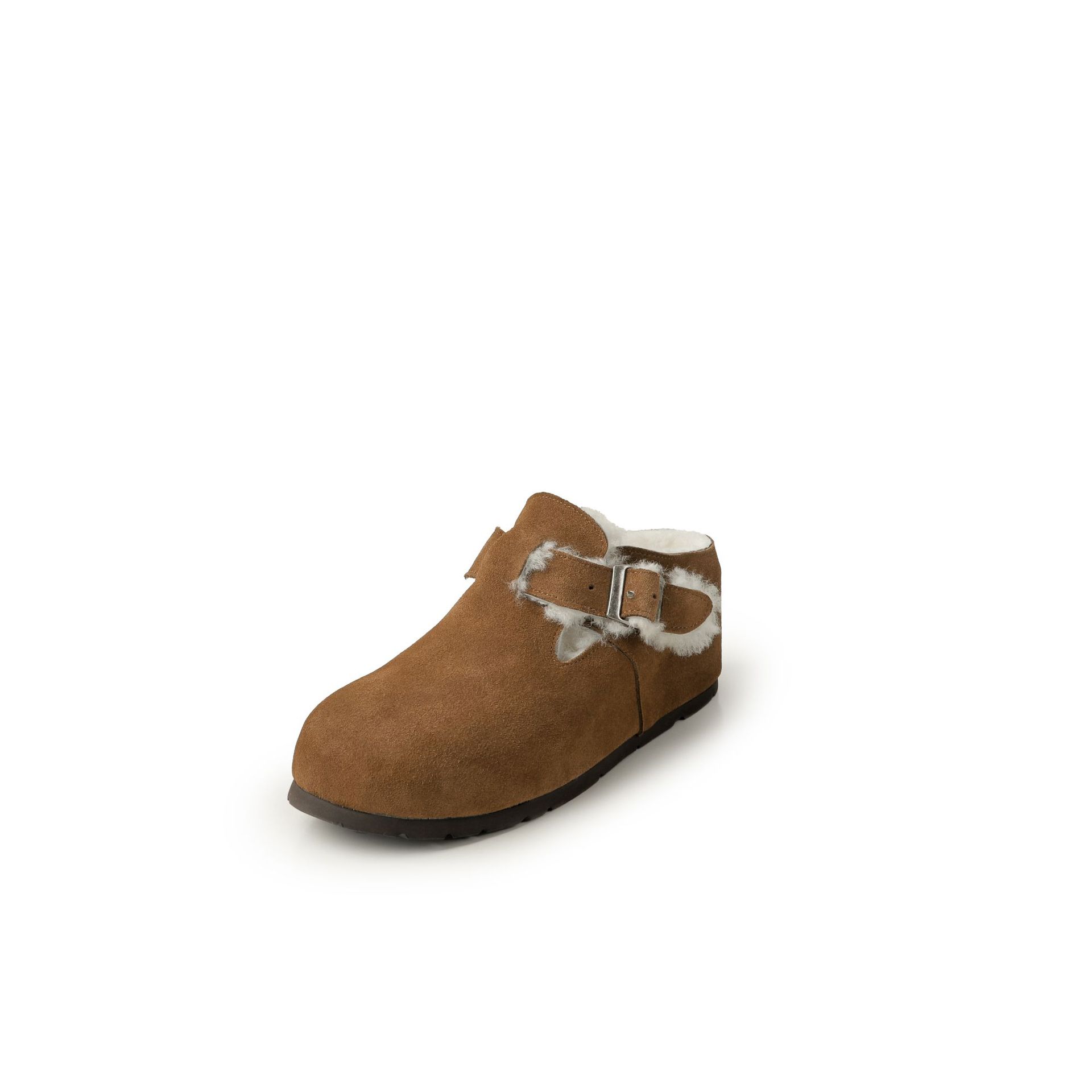 Dép lông Birkenstock da thật nữ đế dày, mũi kín lông cừu, có khóa thắt lưng, tăng chiều cao bên trong — cà phê nâu