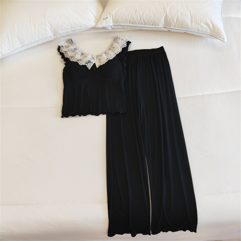 Sling Pajamas Women's Summer New Sleeveless Pants Thin with Chest Pad Black Sexy Lace Home Clothes suit Spring