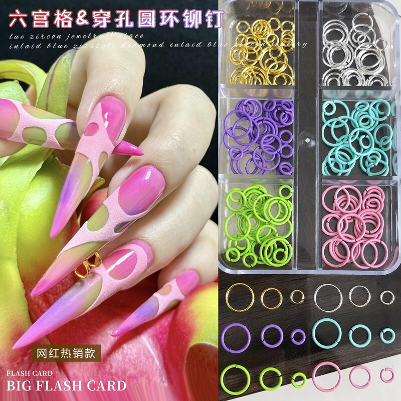 Dopamine Perforated Ring Nail Art Accessories Cross-Border Hot-Selling Round Metal Rivet Nail Rhinestones DIY Decorations