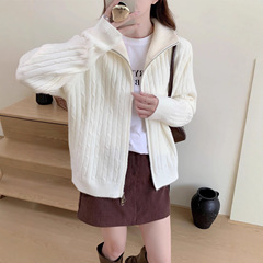 2025秋冬新款纯色高领麻花毛衣外套女韩版设计感双头拉链针织开衫