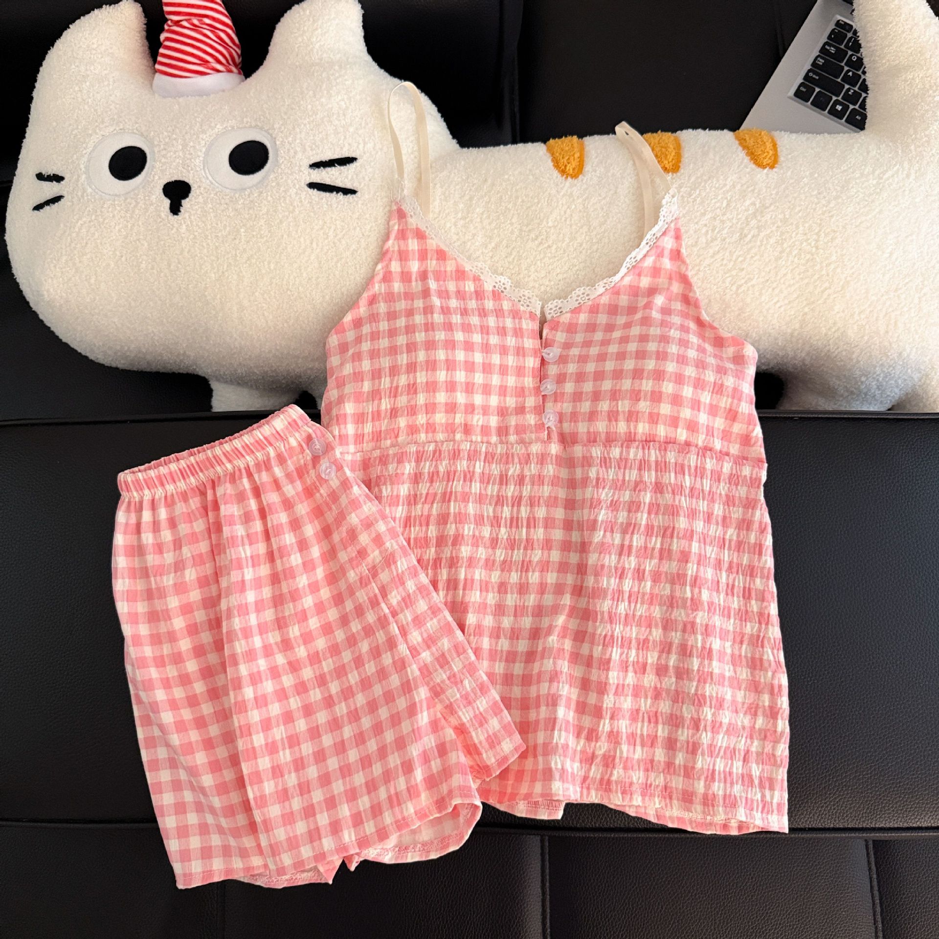 Pantalones cortos con cojín de pecho al por mayor transfronterizo pijamas de verano nuevo algodón nublado dulce conjunto de ropa de casa a cuadros