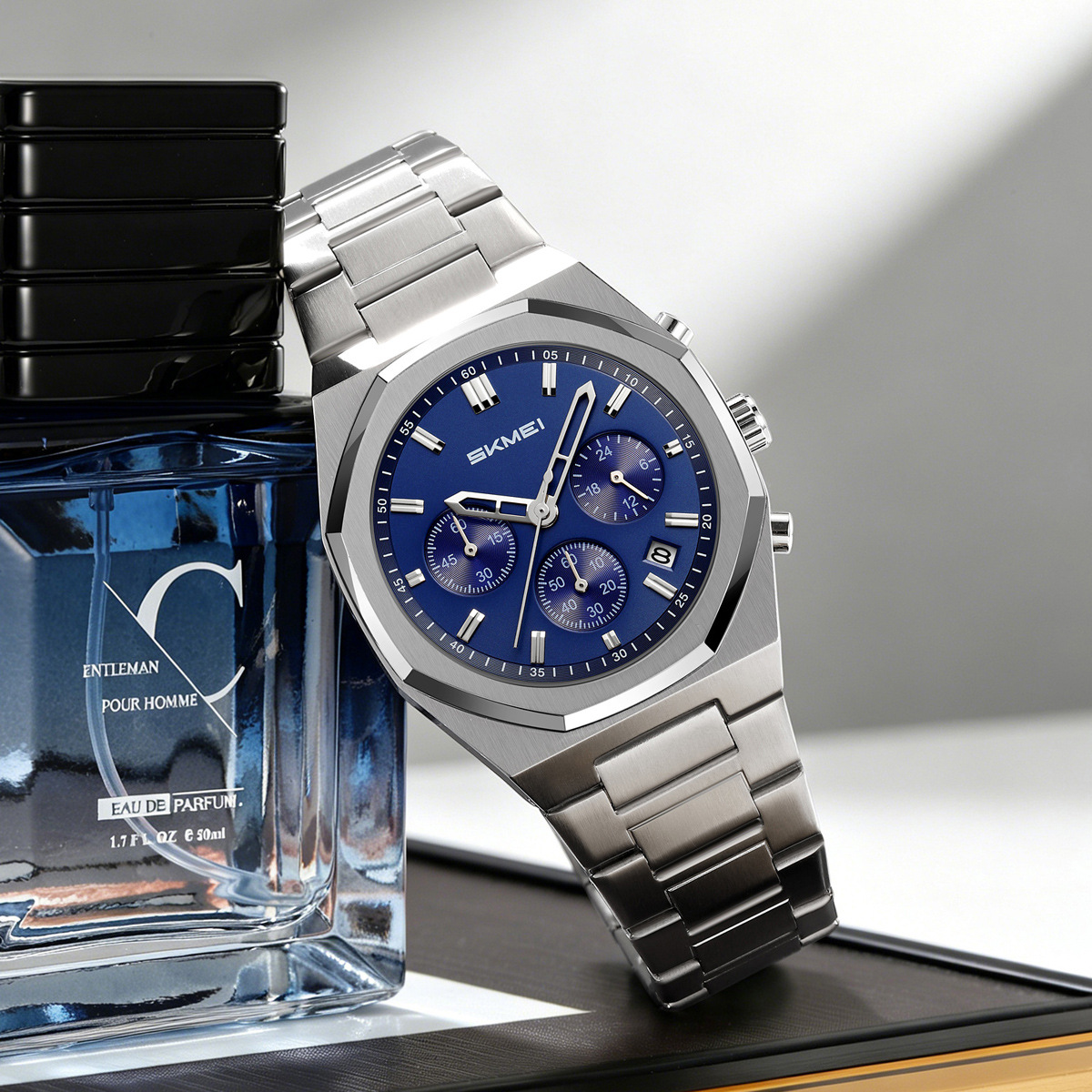 Momento de acero de octogón cronógrafo de cuarzo hombre impermeable relojes de negocios regalos personalizados mayoristas transfronterizos