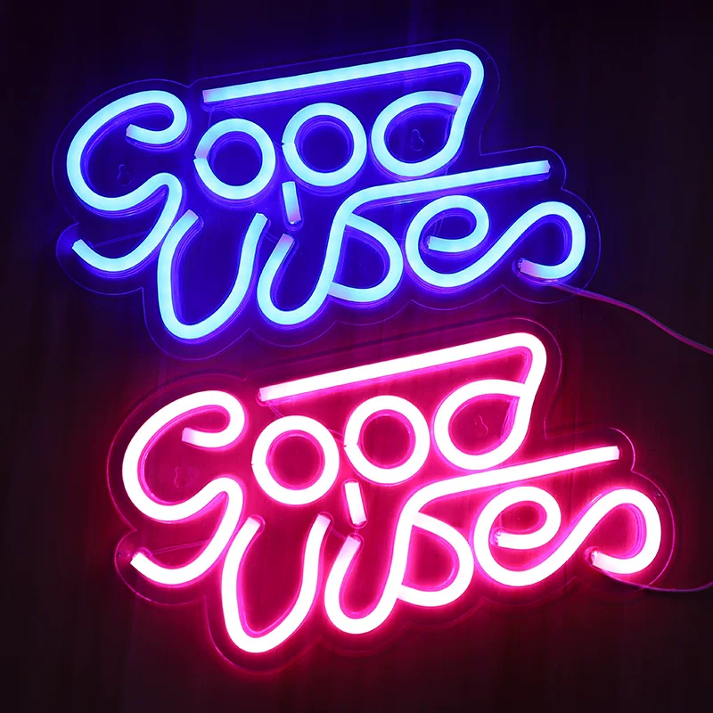 Неоновая вывеска Good Vibes GB02, прозрачная передняя панель из акрила, 5V, синий или розовый, размеры 38×35×3 см