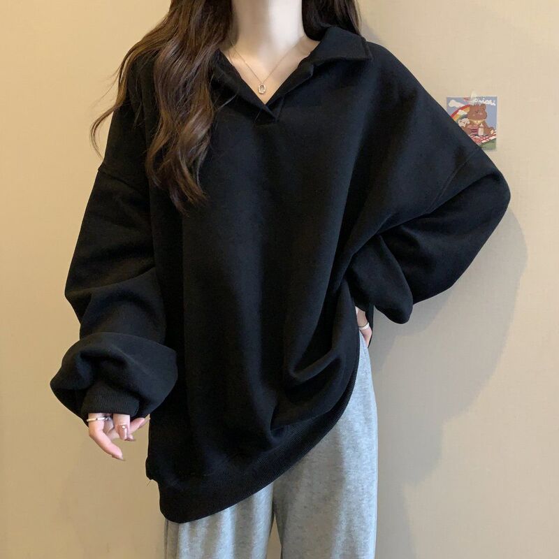 Loose Fit Plus-Size Stylish Turn-Down Collar Sweatshirt for Women, Autumn and Winter Korean Fashion Solid Color Base Top
