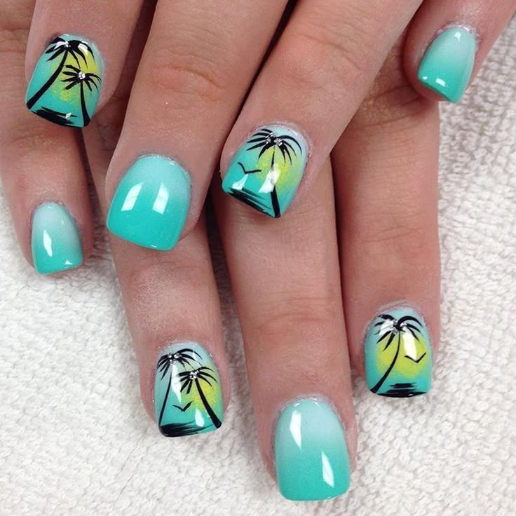 Turquoise Coconut Tree Seagull New Cross-border Small Square Summer All-match False Nails Foreign Trade Wholesale Wear Armor