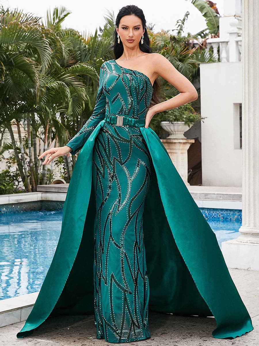 Amazon cross-border novo temperamento de lantejoulas cor sólida cintura média ombro inclinado anfitrião banquete vestido de noite vestido longo