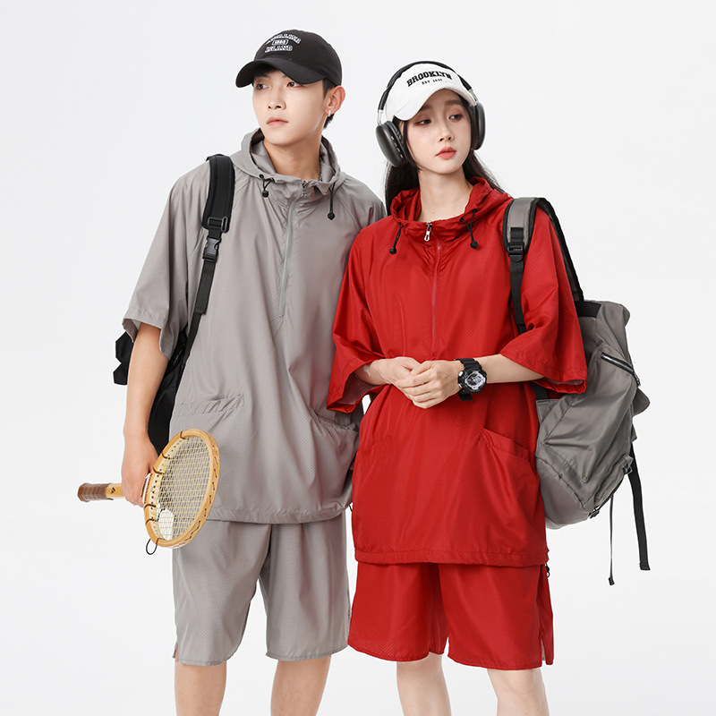 Verano casual pareja perforada transpirable pareja con sombrero protector solar traje de secado rápido con red en el interior, con informe de inspección de calidad