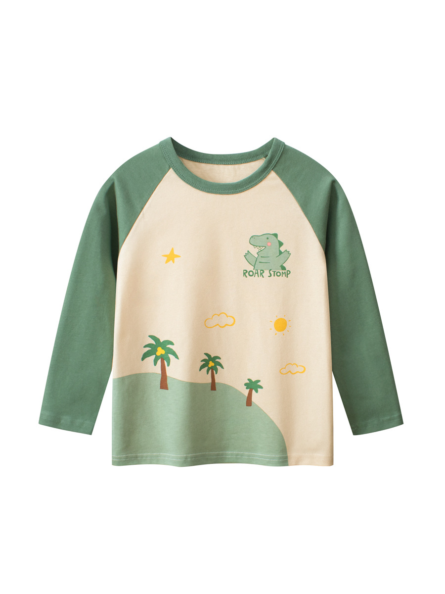 27kids ropa para niños camiseta de manga larga para niños otoño cuello redondo camisa de fondo dinosaurio dibujos animados niños ropa de bebé al por mayor