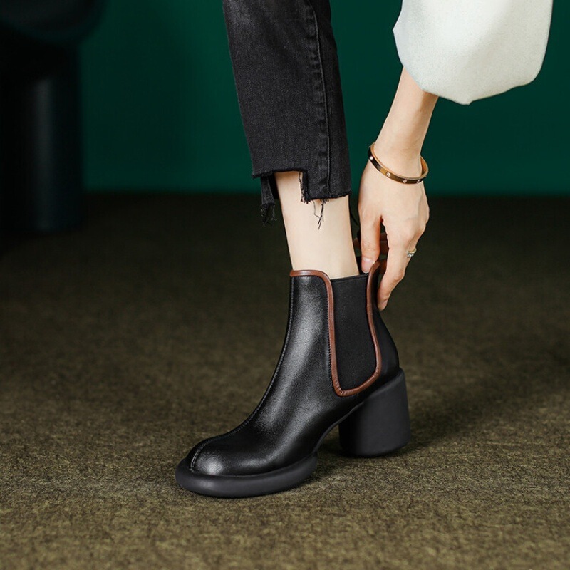 [Broken Size Clearance No Return] Cowhide Thick Bottom Thick Heel Chelsea Women's New High Heel Ankle Boots