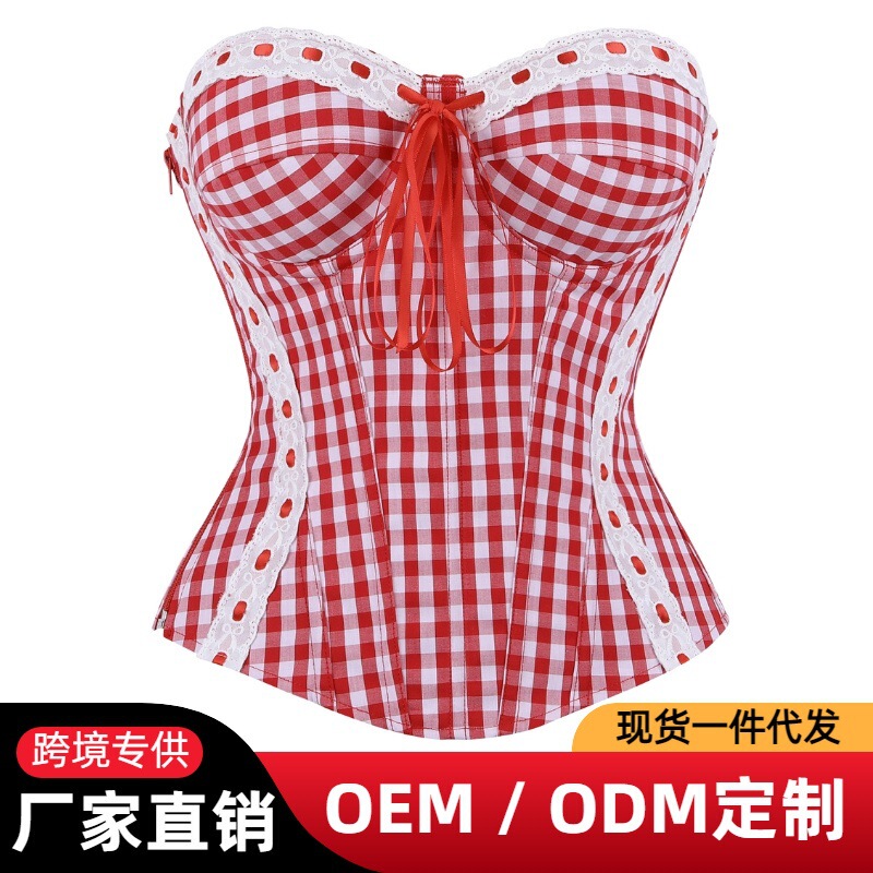 Red and white plaid lace corset top with sweetheart neckline, strapless, waist-cinching, strapless top, export-ready stock, direct from the factory Red and white plaid lace corset top with sweetheart neckline, strapless, waist-cinching, strapless top, export-ready stock, direct from the factory