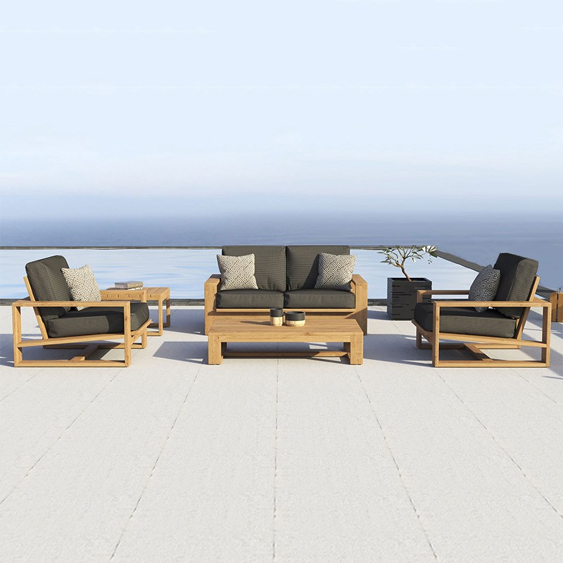 Sofá de exterior, madera maciza, patio, jardín, hotel, villa, ocio al aire libre, teca anticorrosión, muebles impermeables y resistentes al sol para exteriores. image 3