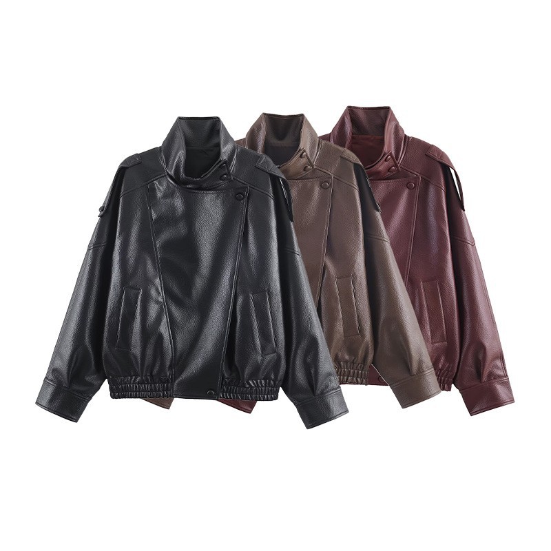Foreign Trade Wholesale European and American Style Women's Motorcycle Style Stand Collar Long-Sleeved Imitation Leather Short Jacket 4391872