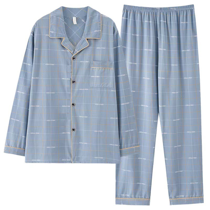 Pijamas de algodón para hombres primavera y otoño de manga larga juventud de mediana edad grande suelta se puede usar fuera de casa de verano conjunto de ropa