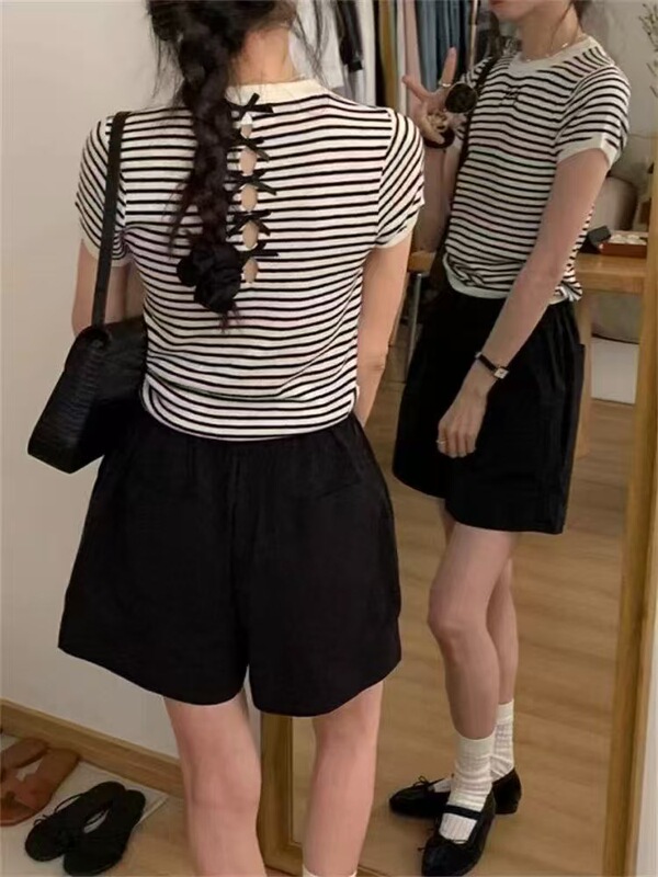 ブルーリボン刺繍薄手ニット半袖Tシャツレディース2025夏新作中空ショルダーシャツトップ|undefined