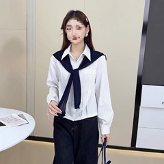 时尚休闲条纹长袖衬衫女2025秋季新款洋气显瘦披肩翻领上衣两件套