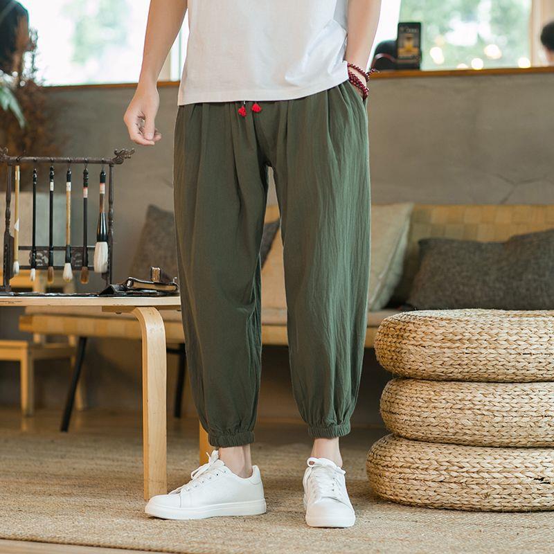 Pantalones anchos de algodón y lino, pantalones harem de estilo fino de verano para hombres, estilo chino, gordos sueltos de gran tamaño, pantalón de nueve puntos