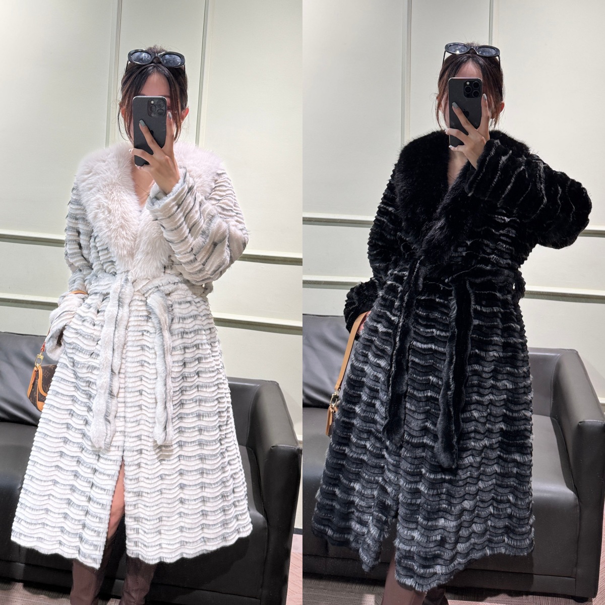 Real photos of cross-border European women's fur coats with faux mink and fox fur collars, long and eco-friendly.