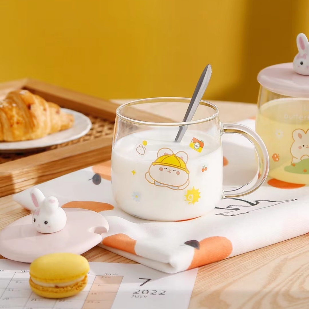 Taza de conejo tridimensional de dibujos animados de verano de alto aspecto con tapa cuchara taza de agua de vidrio taza de café de oficina taza Linda taza