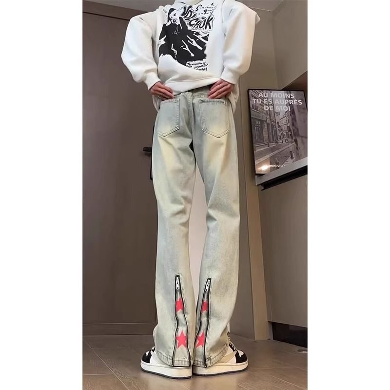 Star Embroidered Yellow Mud Jeans Men's Retro Slim Fit Cuffed Bootcut Pants Niche Design Straight Pants