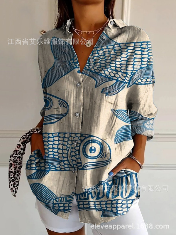 2025新款跨境外贸夏季欧美潮流长袖衬衫动物风3D数码印花女士上衣|undefined