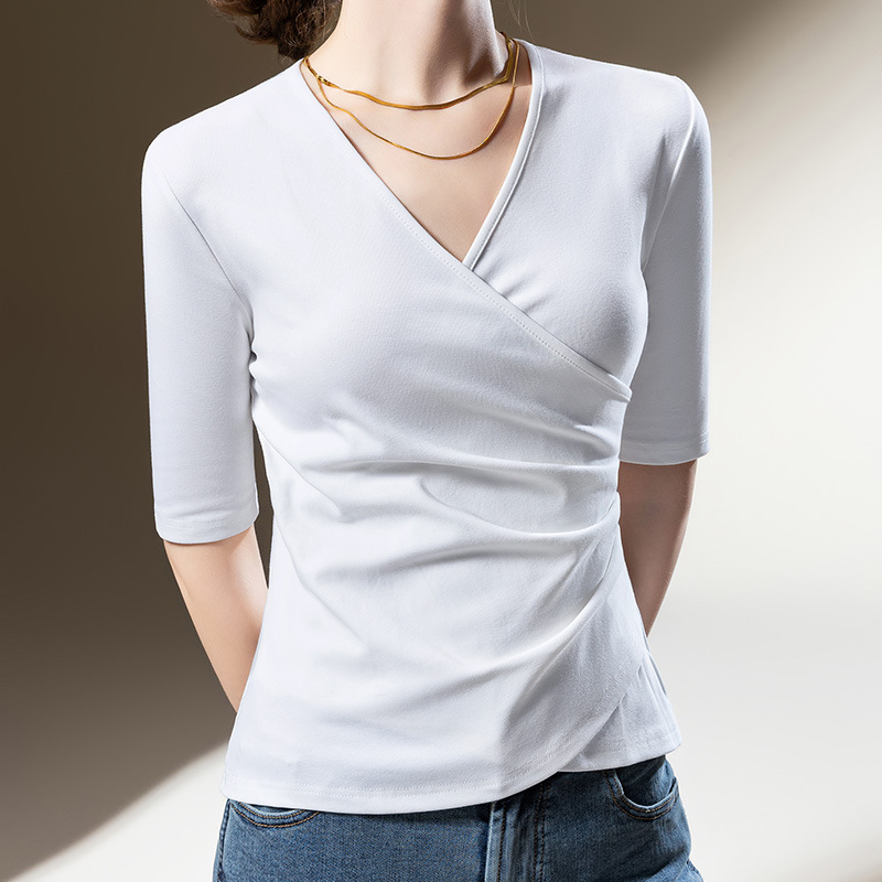 Camiseta de manga media para mujer 2023 nueva Camiseta de algodón de color sólido con cuello en V cruzado de mujer europea plisada en la cintura image 4