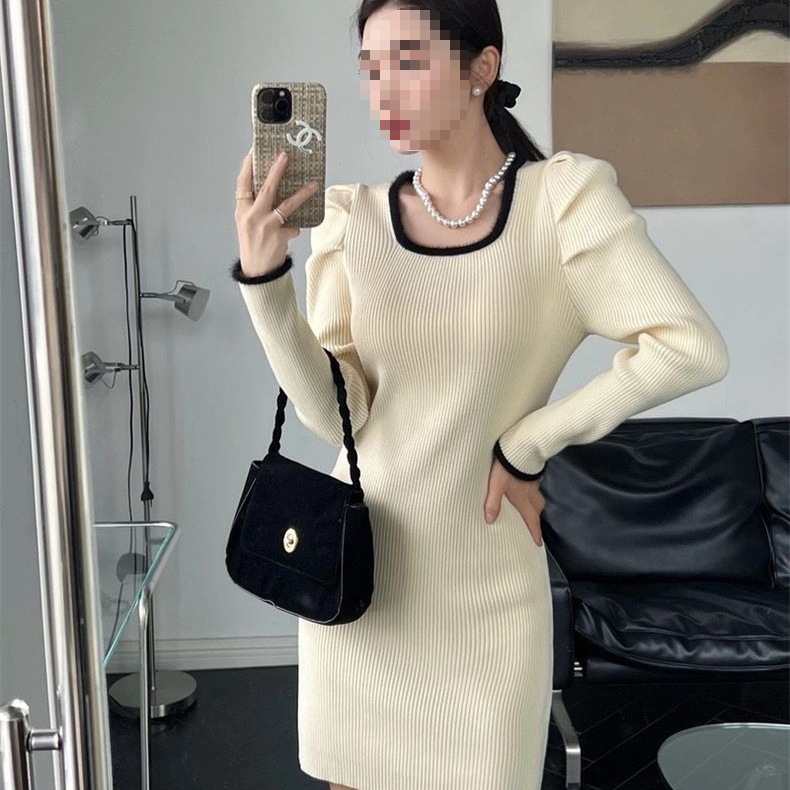 感法式小香风包臀裙女秋冬新款内搭甜辣美气质外穿长袖连衣裙