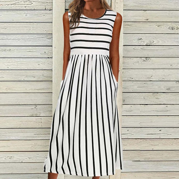 2022 European and American Amazon Spring New Striped Printed Round Neck Sleeveless Pocket Dress Independent Station Explosions 2022 European and American Amazon Spring New Striped Printed Round Neck Sleeveless Pocket Dress Independent Station Explosions