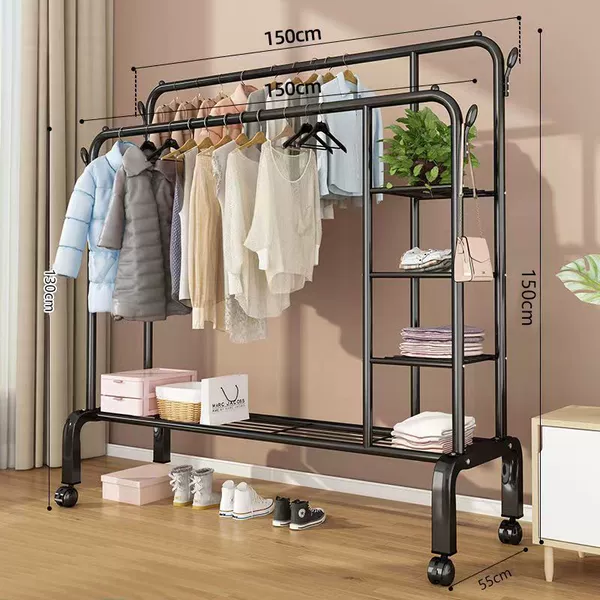 [Hot sale in the store] 150cm black - single layer double pole [side storage net + wheel