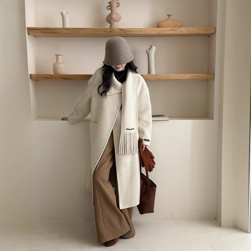 Double-Sided Wool Coat for Women, Mid-Length, Autumn and Winter 2026 New Fashion, Loose Fit, Slimming, with Scarf, Woolen Coat for Women