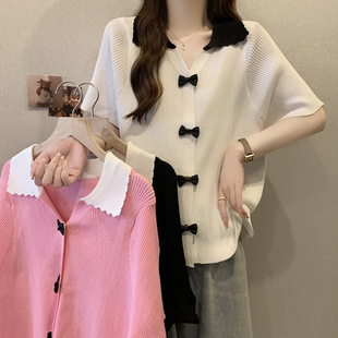 2025 New Summer Loose Bow Solid Color Knitwear Women's Large Size Casual Slimming Single Top