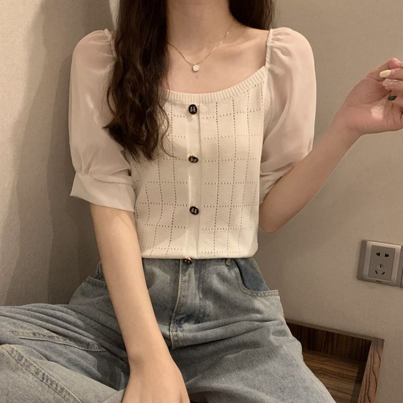 One-Shoulder French Chiffon Puff-Sleeved Ice Silk Sweater, Feminine Short-Sleeved Summer Hollow Style Short Top