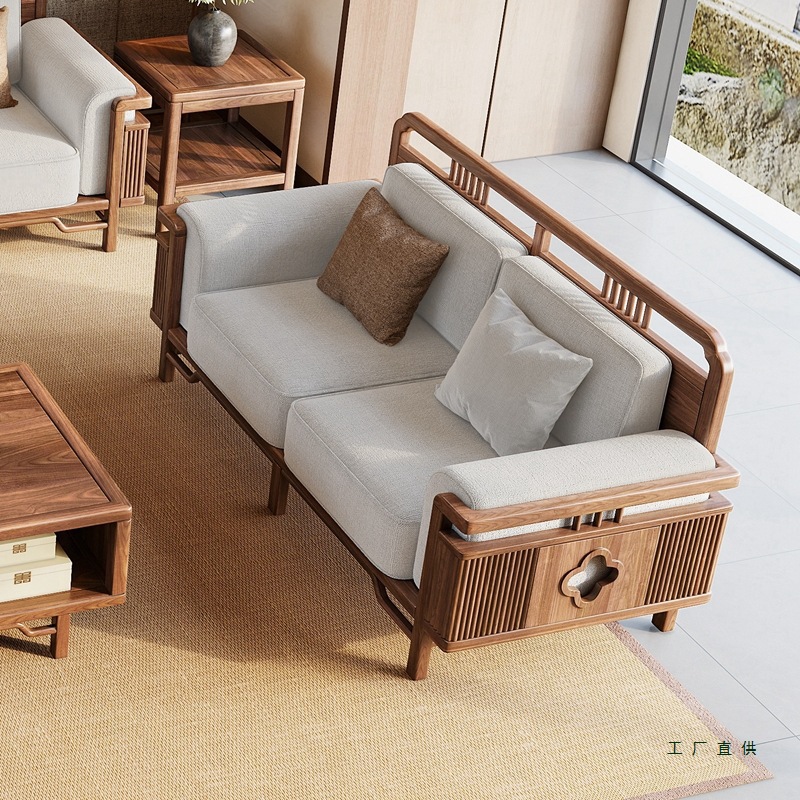 New Chinese Style North American Black Walnut Sofa 2025 Song Style Aesthetic Zen Flat Floor House Office Fabric Furniture
